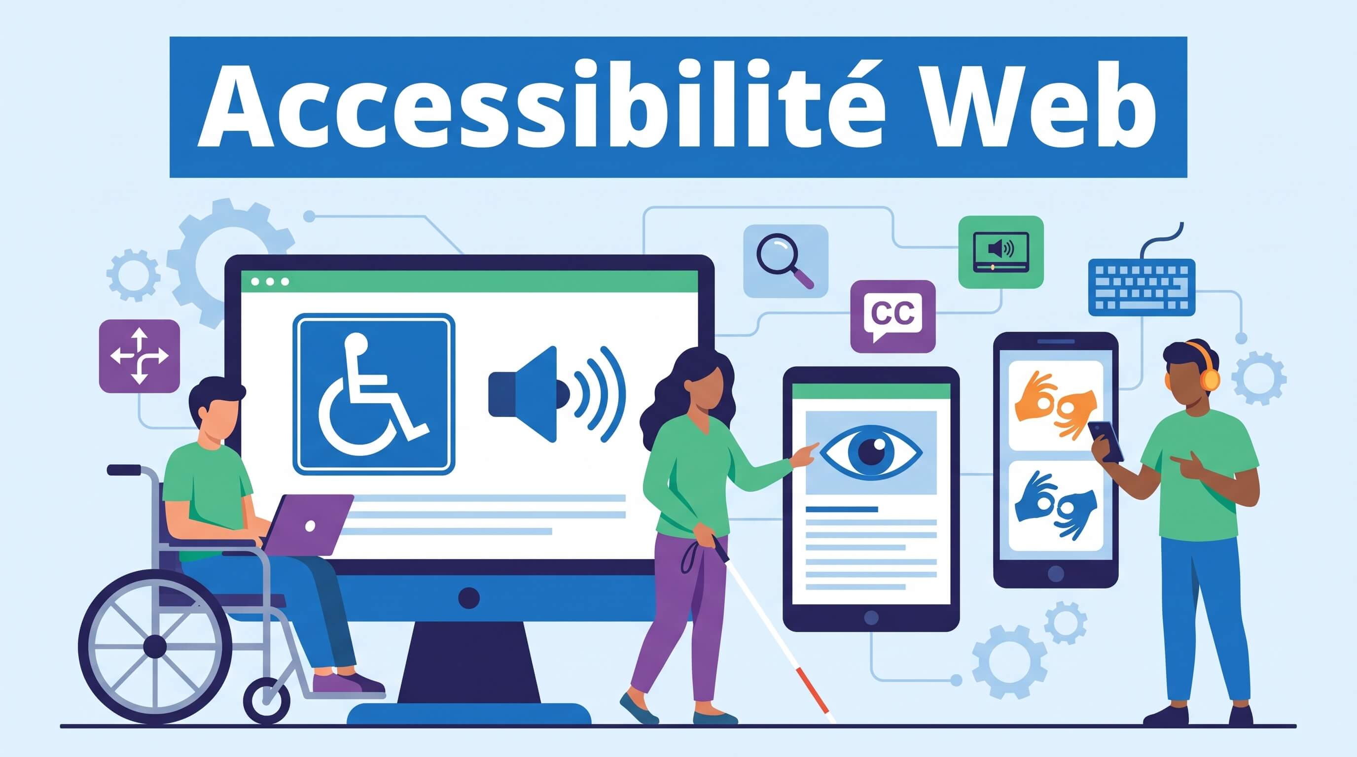 Illustration « Accessibilité web » où des personnes en situation de handicap utilisent un ordinateur, une tablette et un smartphone adaptés