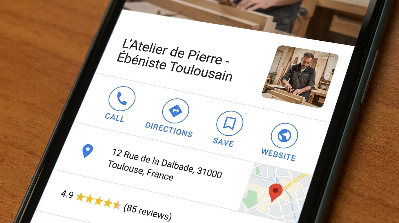 Fiche Google My Business d'un artisan affichée sur un iPhone
