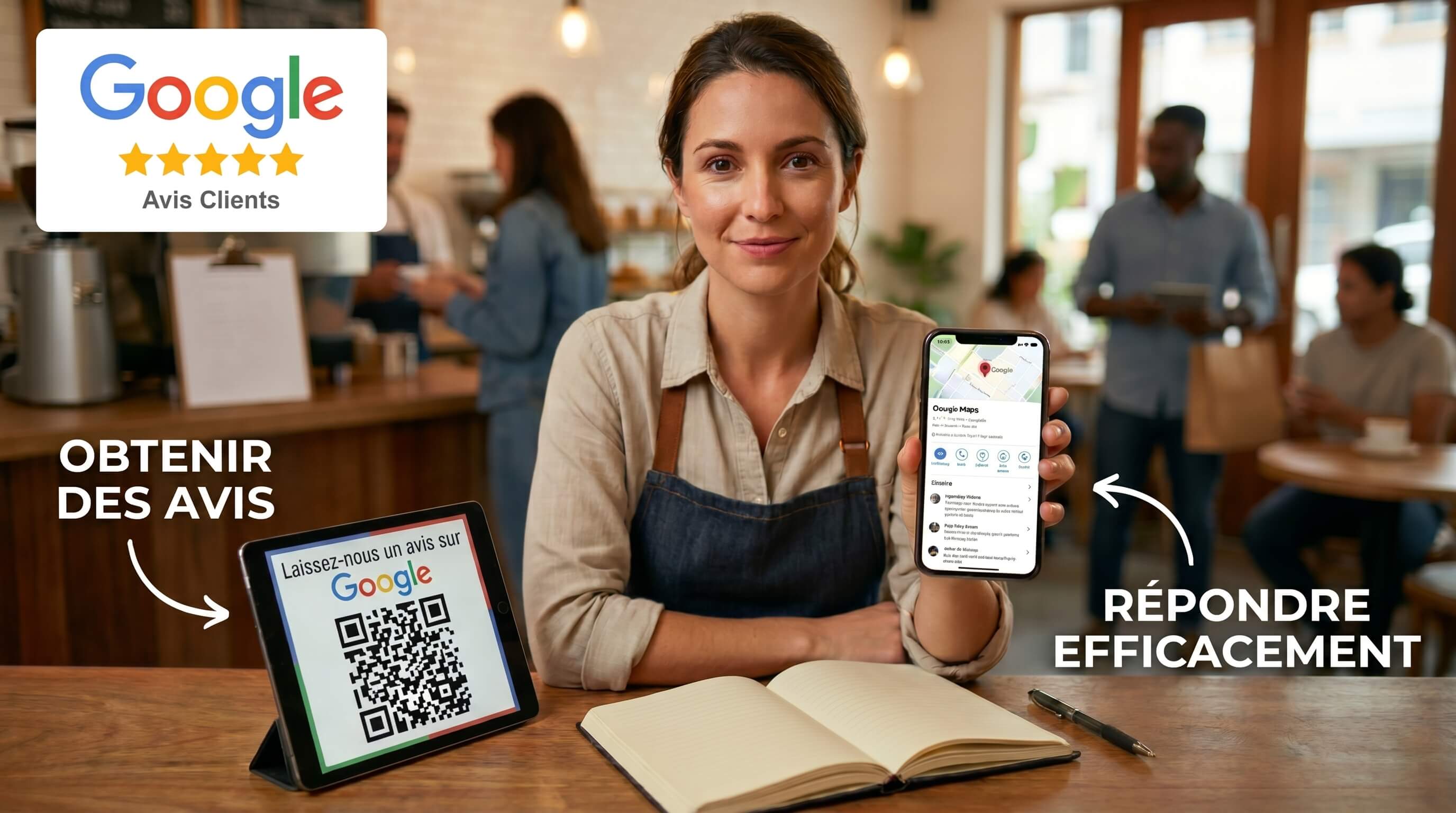 Commerçante présentant sa fiche Google et un QR code pour laisser un avis cinq étoiles