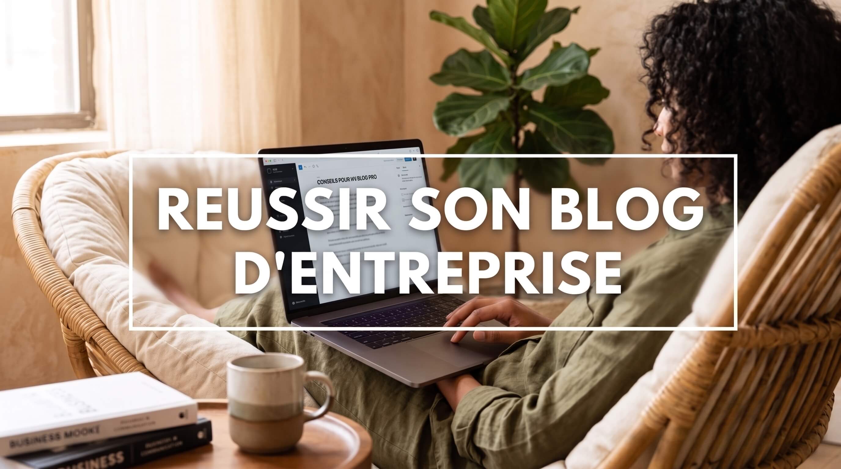 Femme rédigeant un article sur son ordinateur portable, sous le titre « Réussir son blog d'entreprise »