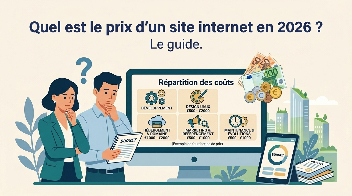 Illustration de la répartition des coûts d'un site internet avec un couple hésitant et des billets en euros