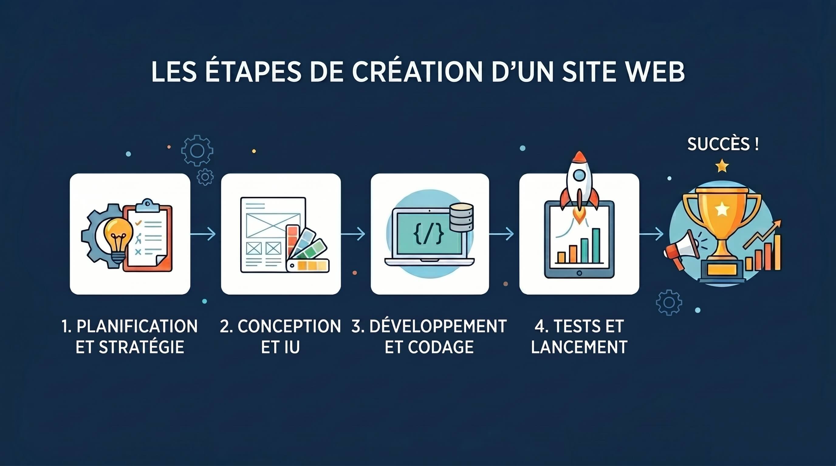 Infographie des étapes de création d'un site web, de la planification au lancement