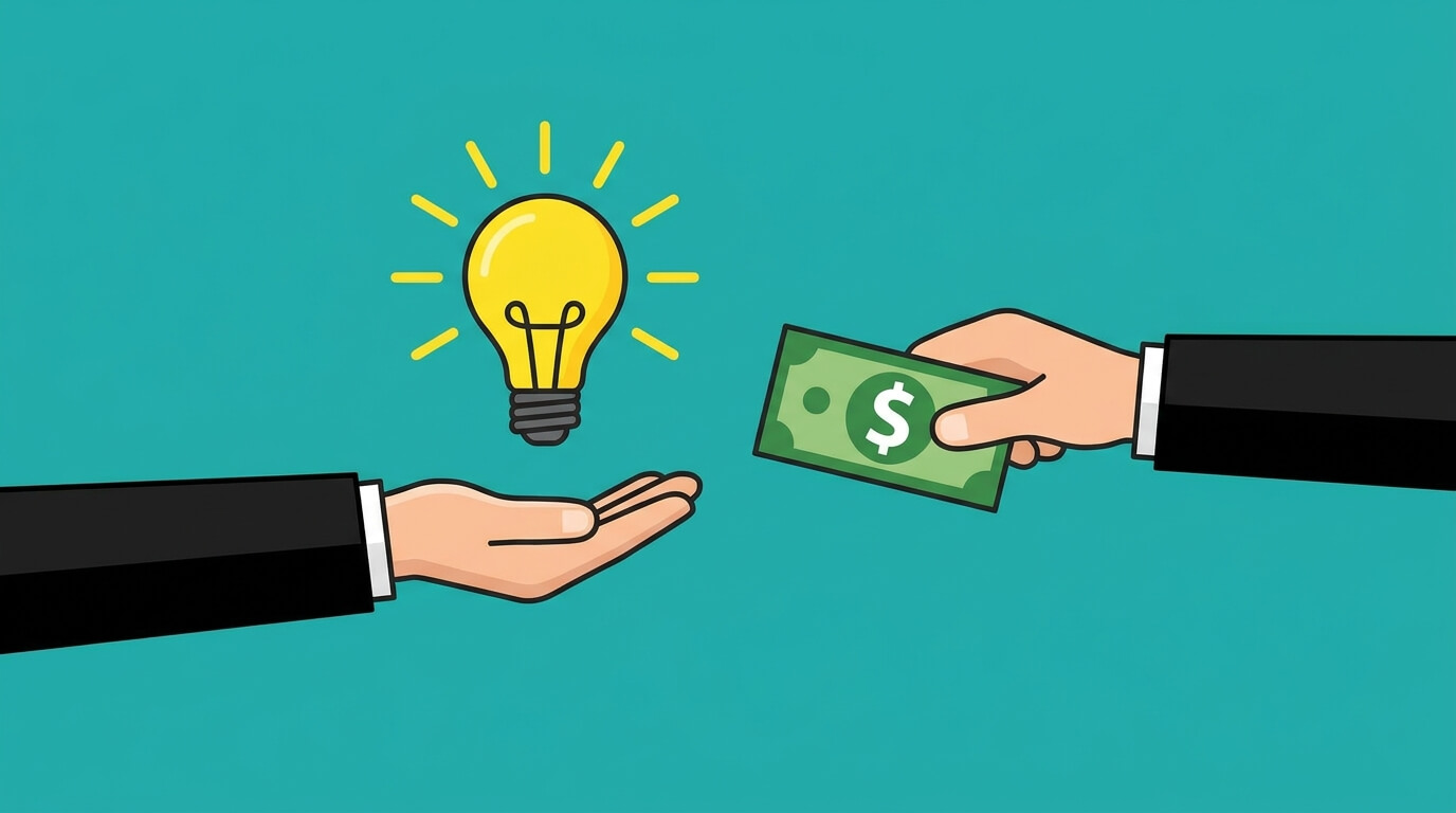 Illustration du financement d'un projet, une main tendant un billet à une autre sous une ampoule d'idée