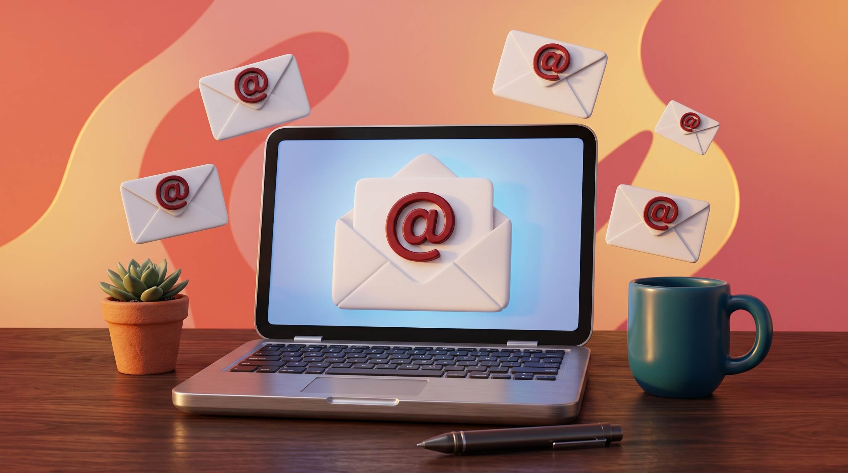 Ordinateur portable entouré d'enveloppes e-mail avec le symbole arobase