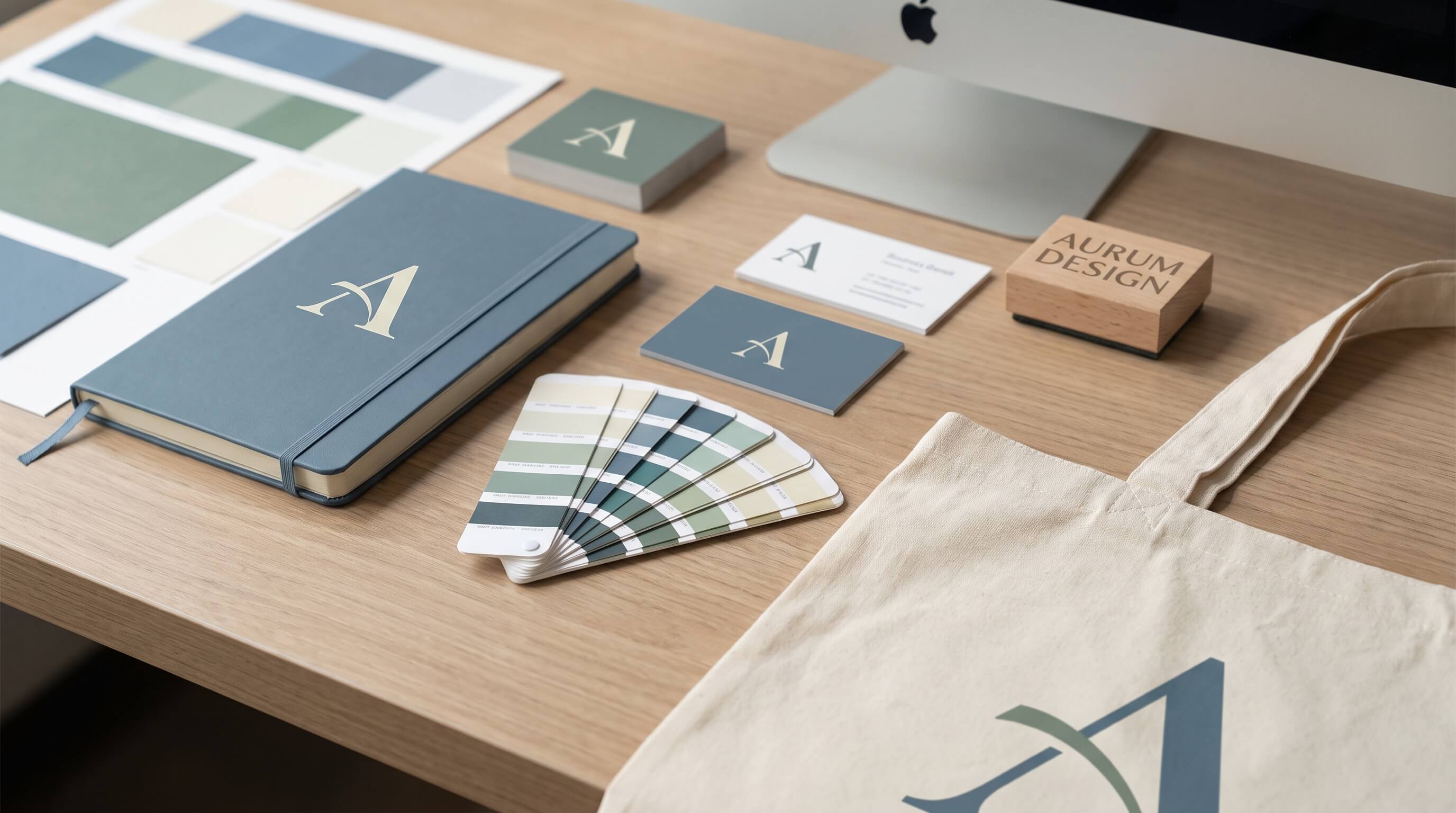 Carnet, cartes de visite, nuancier de couleurs et tote bag déclinant le logo d'une même marque sur un bureau en bois