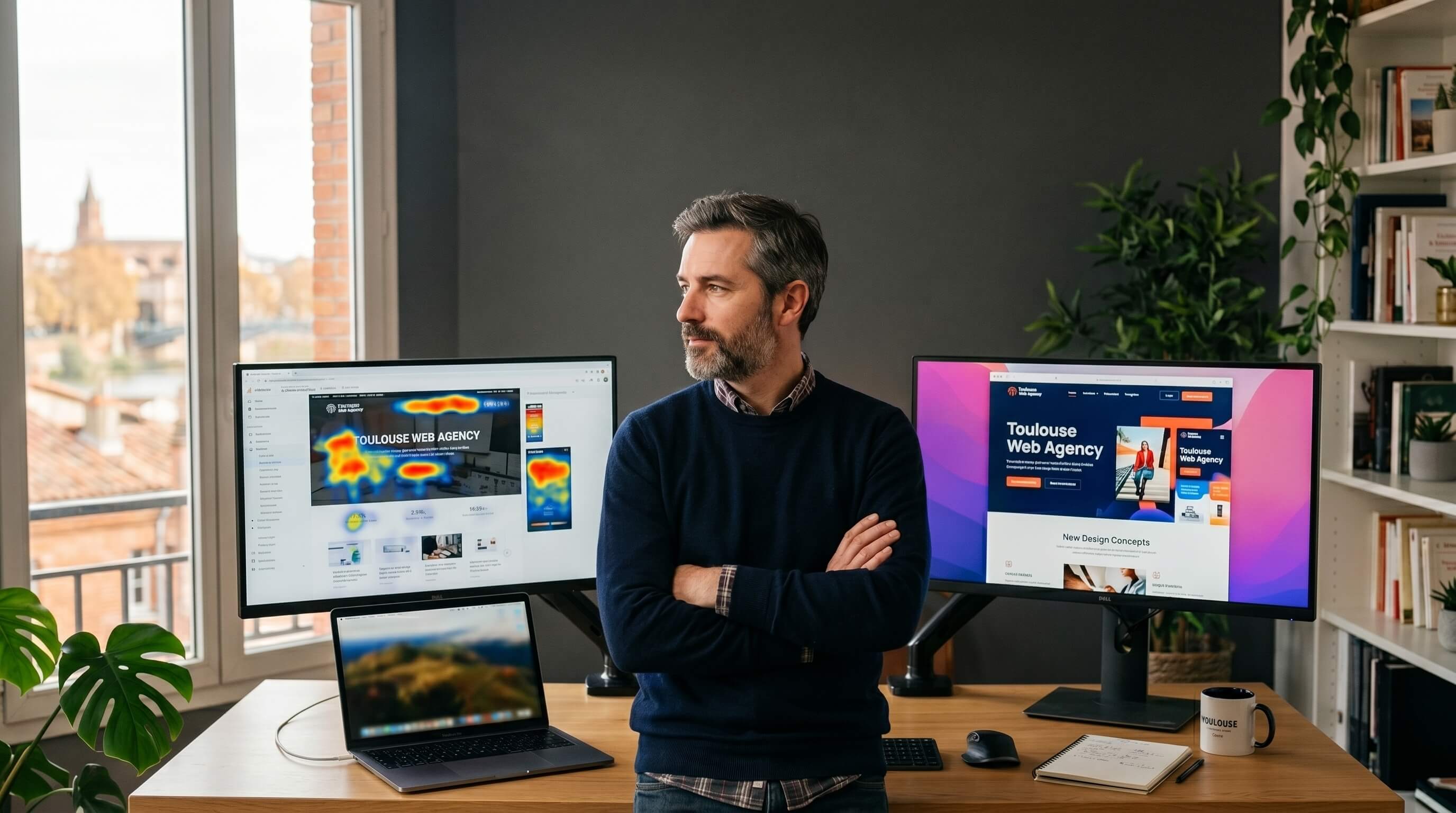 Professionnel du web devant deux écrans montrant l'analyse et la refonte d'un site