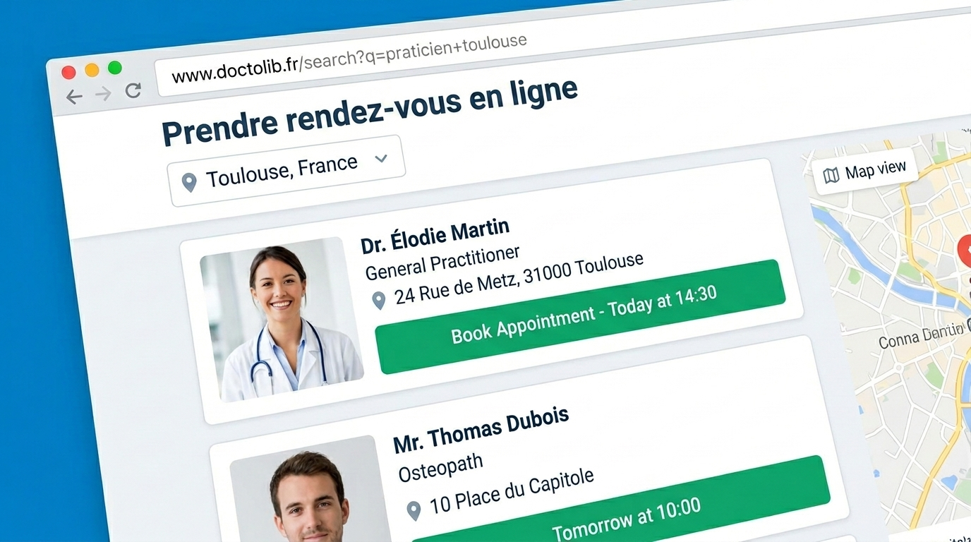 Page de prise de rendez-vous en ligne avec des praticiens à Toulouse