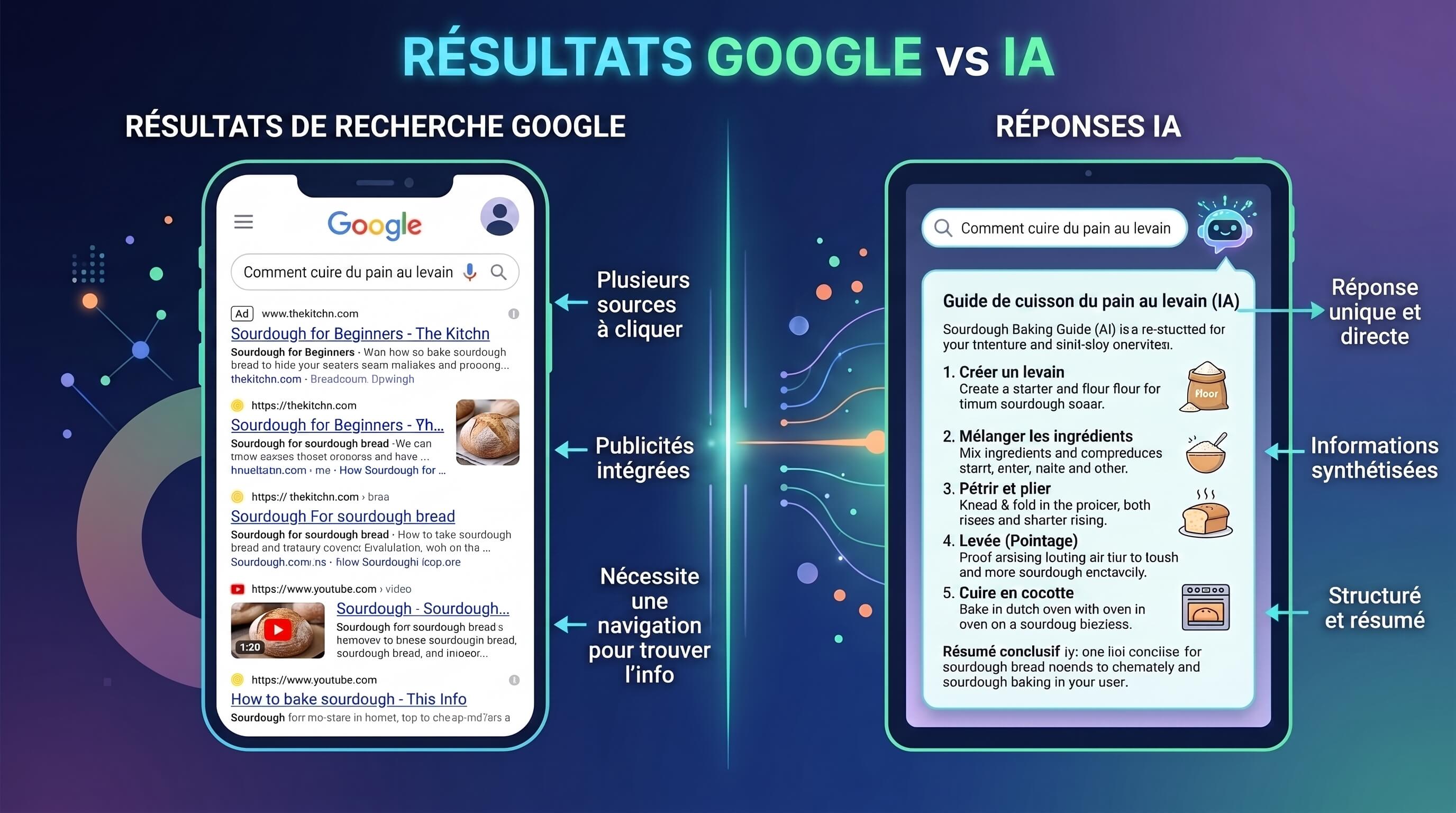 Infographie « Résultats Google vs IA » comparant une page de résultats de recherche et une réponse générée par un assistant conversationnel