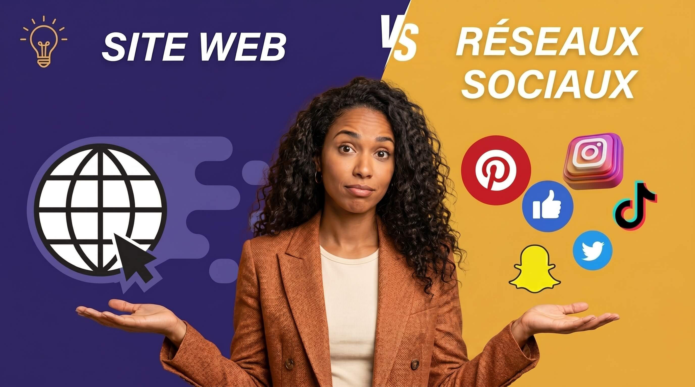 Femme hésitant entre un site web et les réseaux sociaux