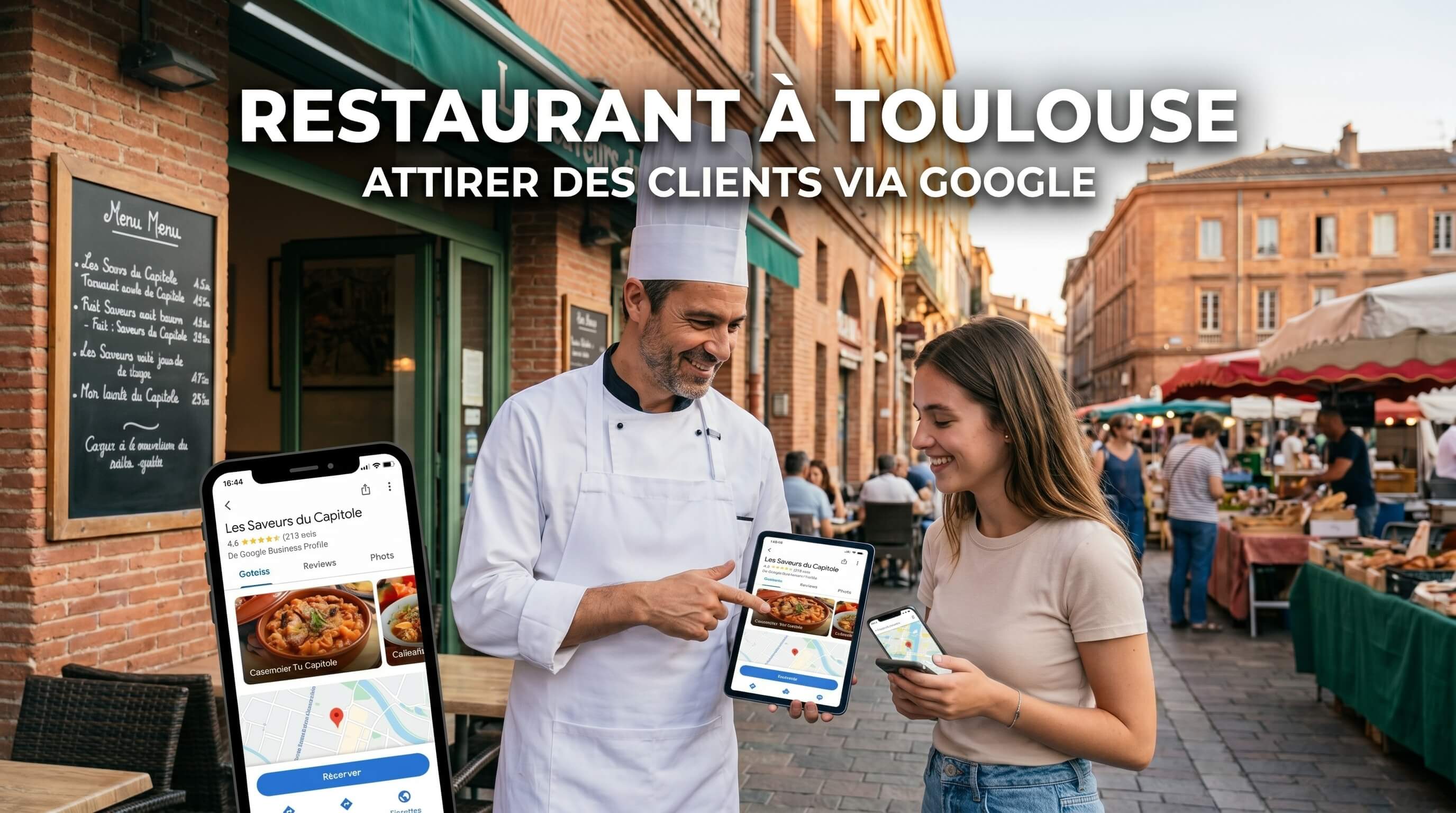 Chef montrant la fiche Google de son restaurant toulousain à une cliente en terrasse