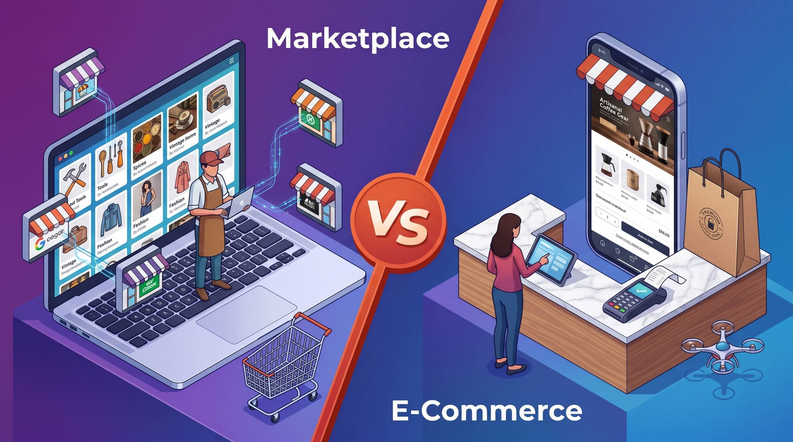 Comparatif illustré entre vendre sur une marketplace et sur sa propre boutique en ligne