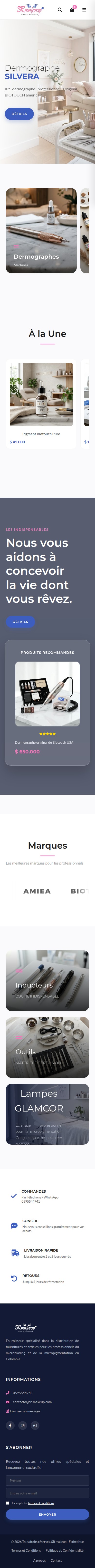 Page d'accueil complète de la boutique en ligne de matériel pour professionnels de la beauté, vue mobile