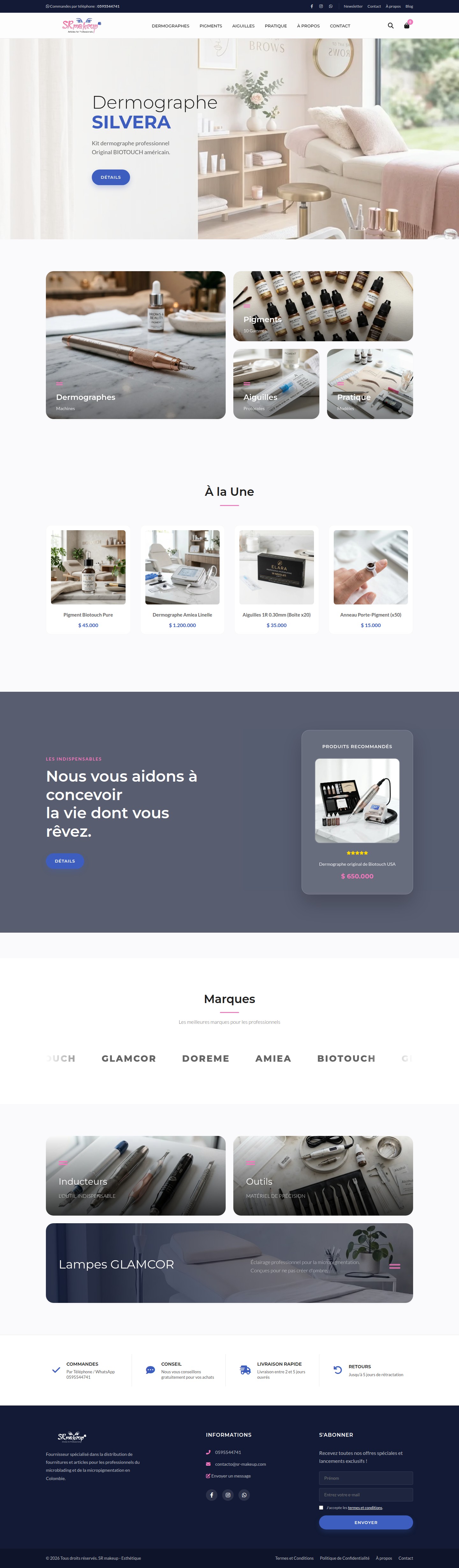 Page d'accueil complète de la boutique en ligne de matériel pour professionnels de la beauté