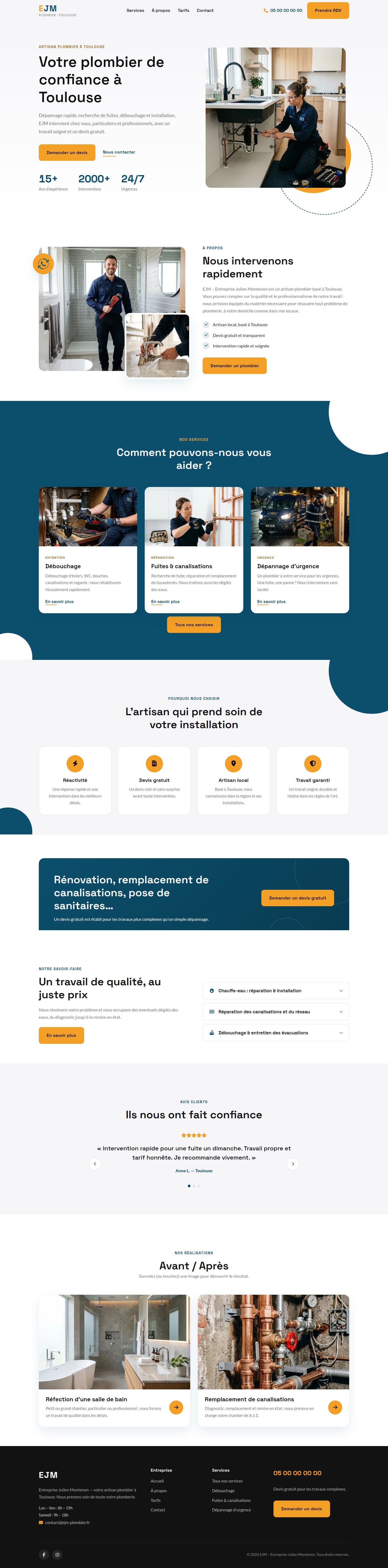 Page d'accueil complète du site d'un plombier artisan à Toulouse