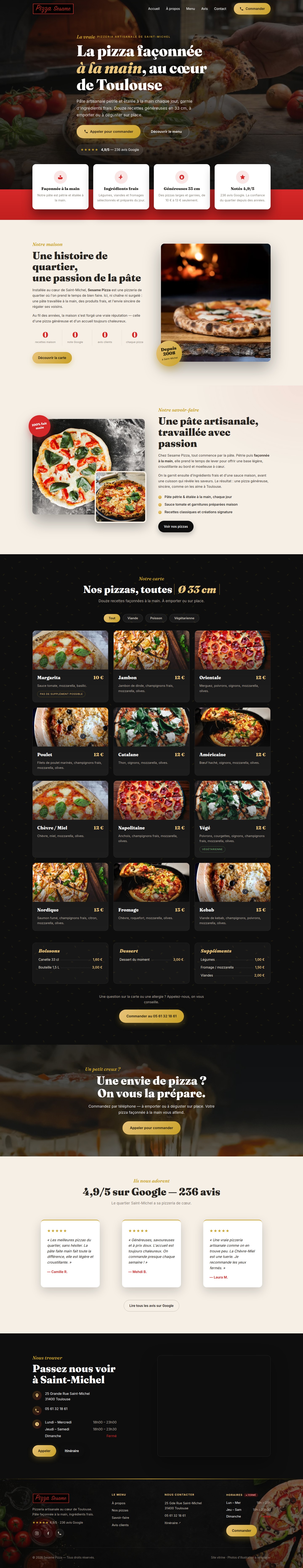 Page d'accueil complète du site de la pizzeria artisanale Sesame à Toulouse